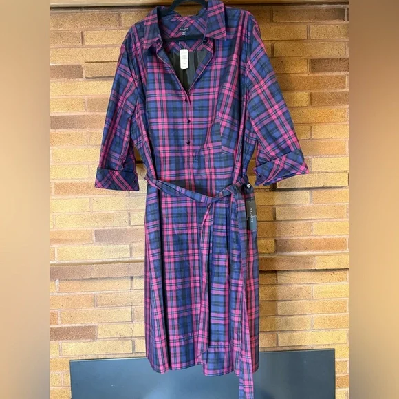 NWT Talbots Silk Blend Pink and Purple Plaid Shirt Dress with Belt - Picture 1 of 8